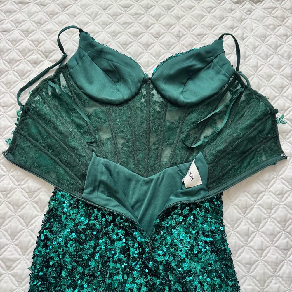 STACEES Dark Green Floral Sheer Corset Sequin Mini Spaghetti Strap Dress Sz 2 - Picture 12 of 16